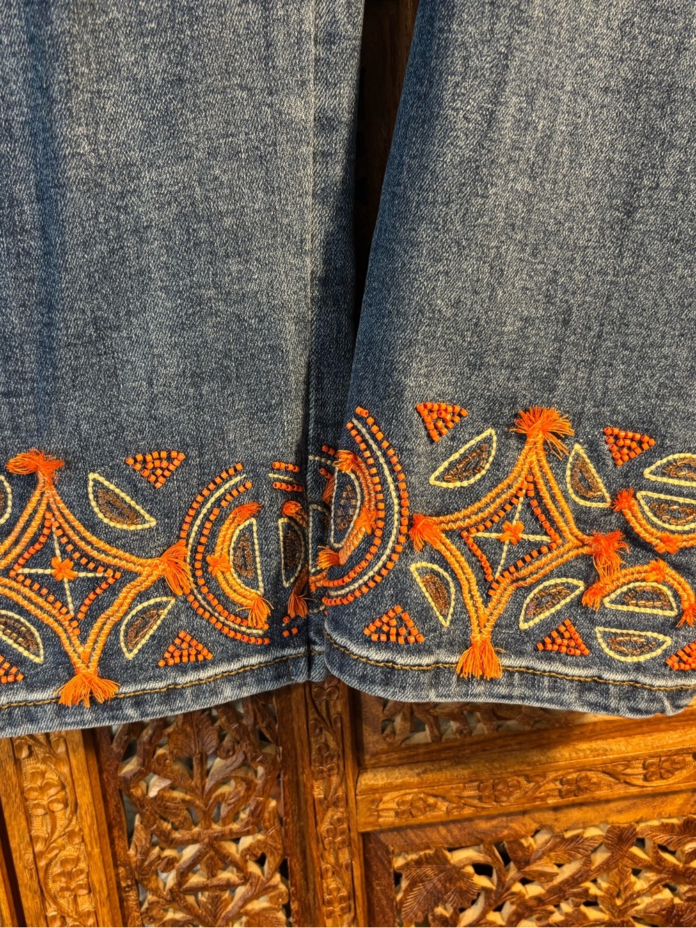 Chico's Blue Cropped Jeans with Orange Embroidered Hem